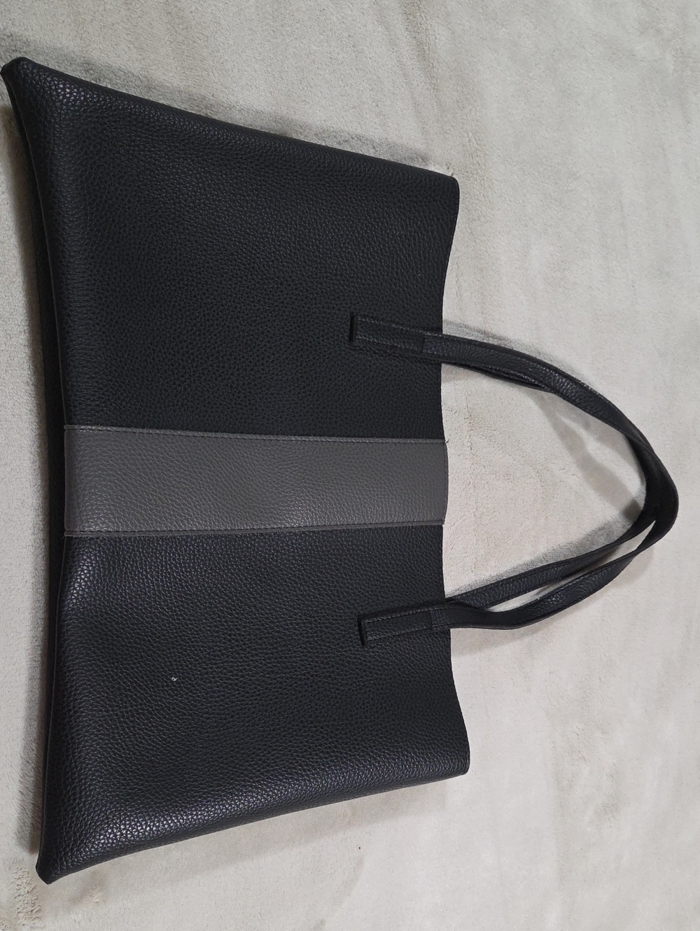 Vince Camuto Black Pebbled Leather Tote with Gray Stripe Detail
